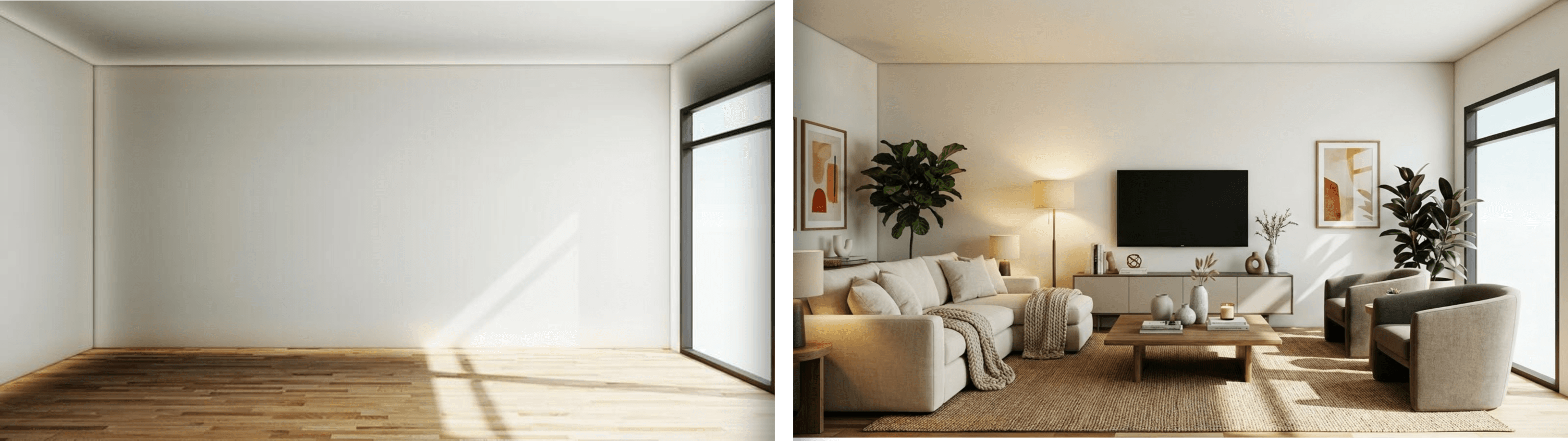 Before and after: empty room transformed into a furnished living space